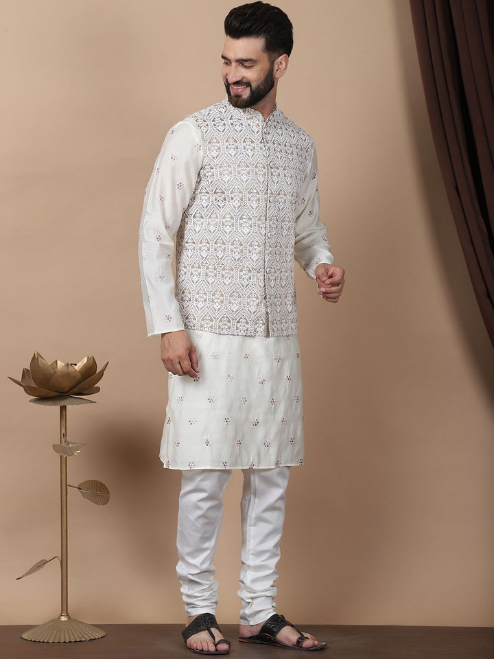 Anouk Cream-Coloured Floral Embroidered Cotton Silk Kurta with Churidar & Nehru Jacket