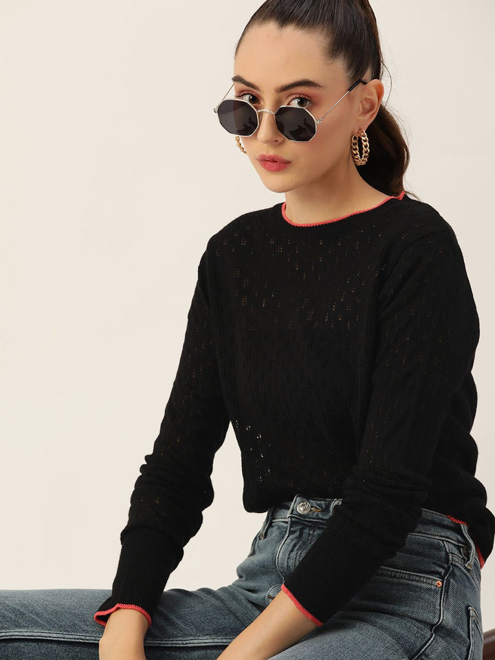 DressBerry Women Black Round Neck Knitted Pullover