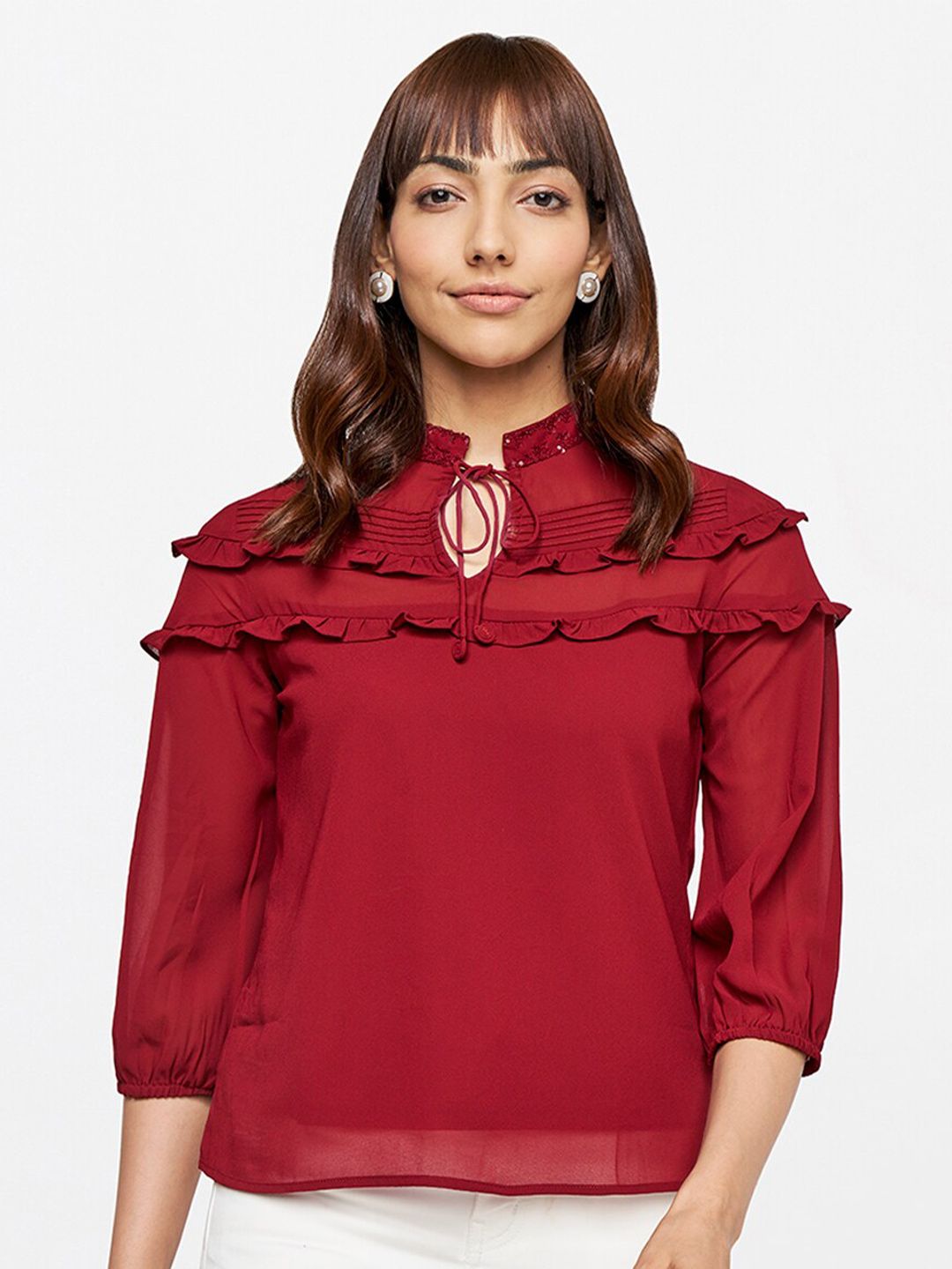AND Women Tie-Up Neck Ruffled Top