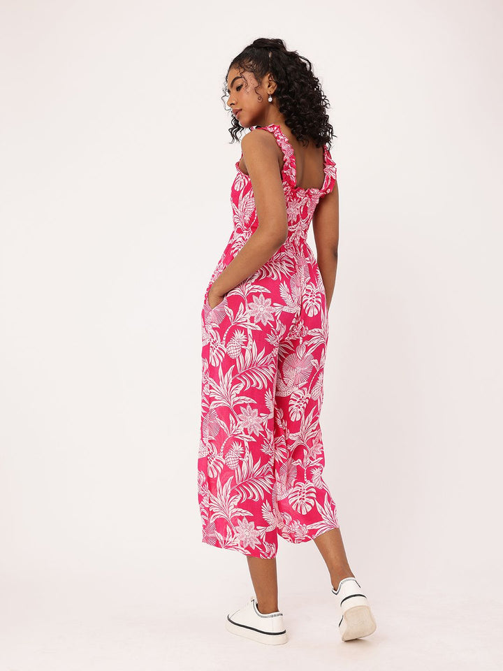 DressBerry Getaway Printed Ruched Shoulder Straps Smocked Jumpsuit