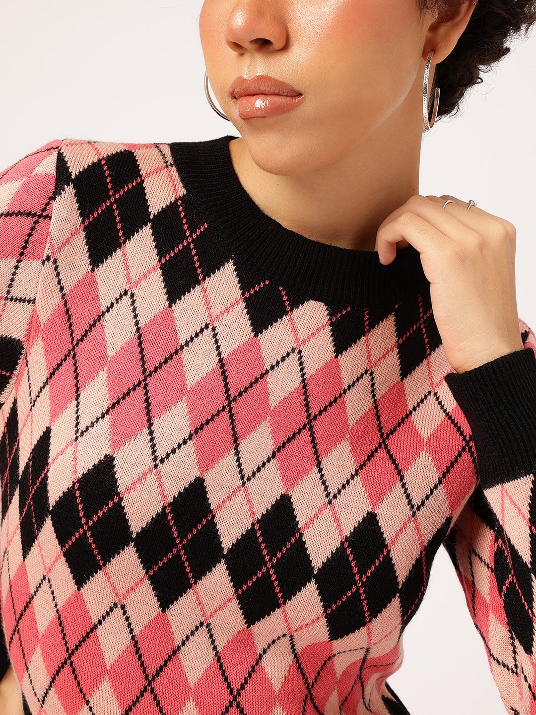 DressBerry Pink and Black Geometric Knee Length Jumper Dress