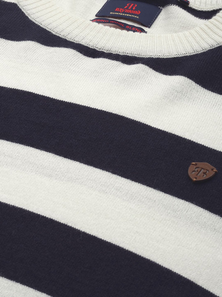 Raymond Men Navy Blue & White Striped Pullover Sweater