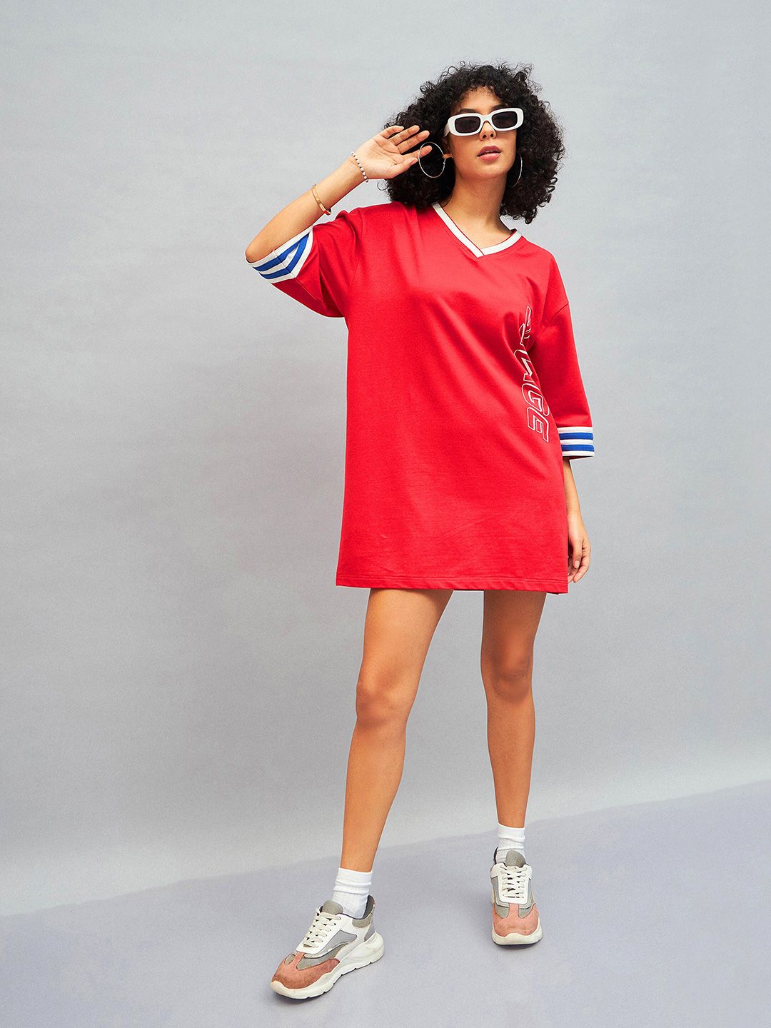 SASSAFRAS Red Typography Printed Cotton T-shirt Mini Dress