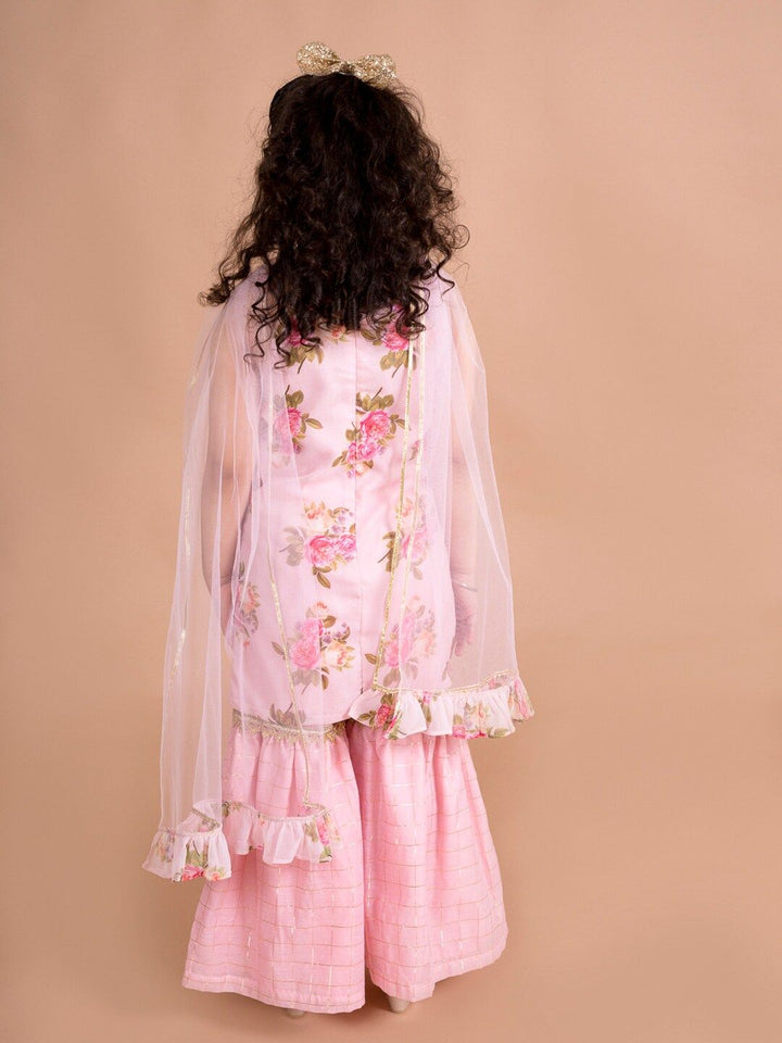 pspeaches Girls Pink Floral Printed Kurti with Sharara & With Dupatta