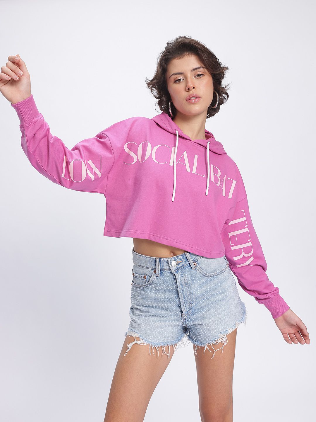 DressBerry Printed Cropped Boxy Hooded Sweatshirt
