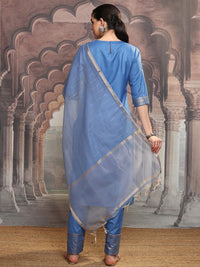Vishudh Blue Ethnic Motifs Yoke Design Straight Kurta With Trousers & Dupatta
