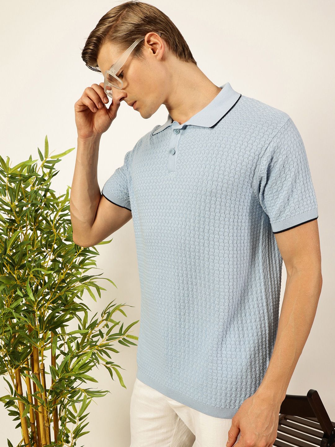 Thomas Scott Men Self Design Regular Fit Knitted Polo T-shirt