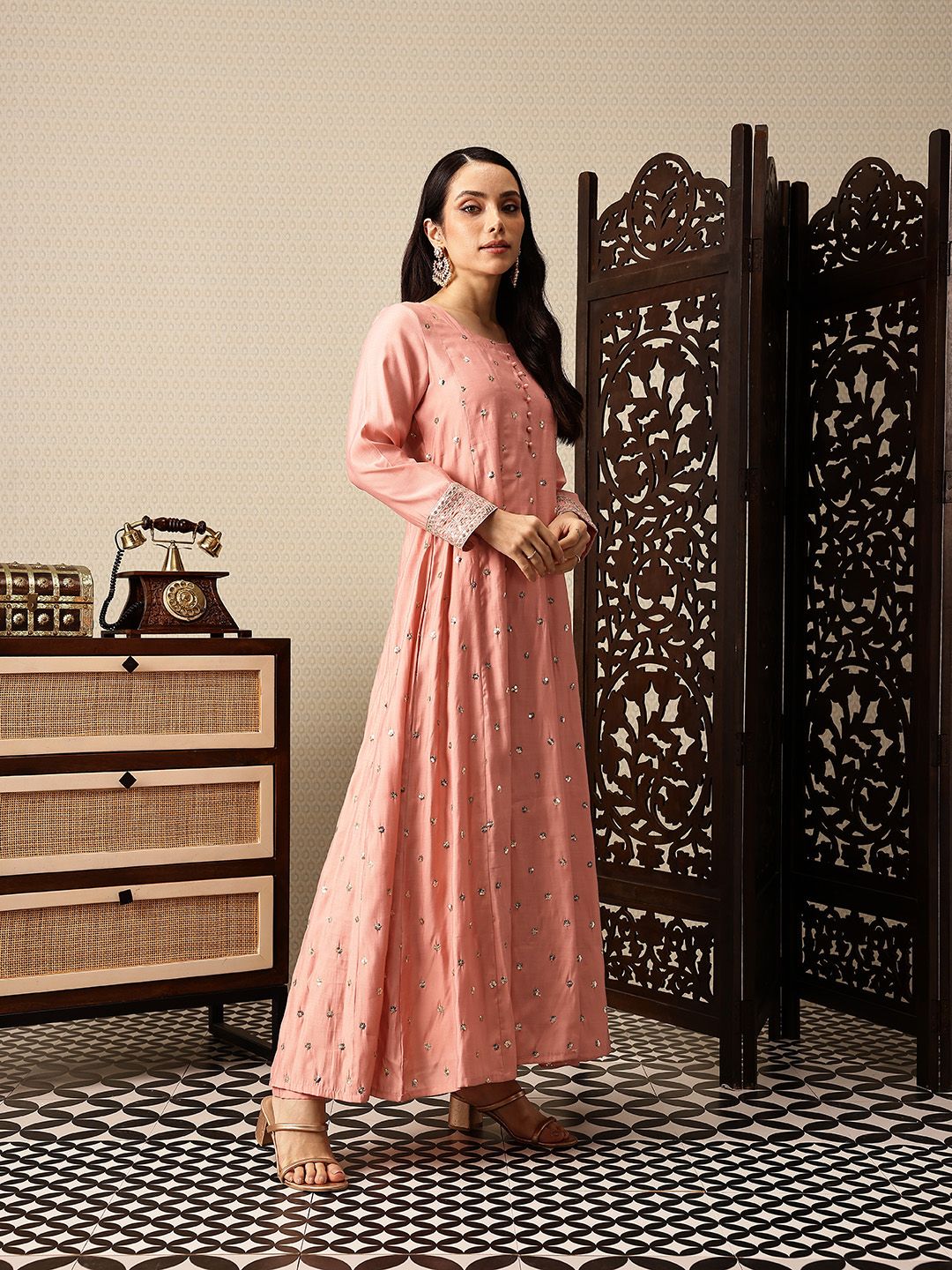 House of Pataudi Floral Sequinned Embellished Jashn A-Line Kurta with Trousers & Dupatta