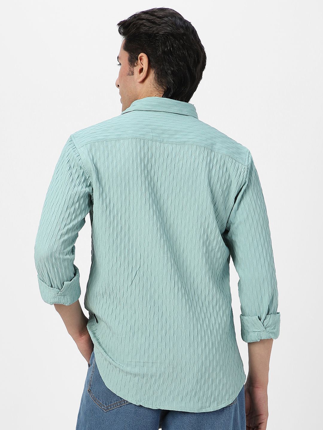 Urbano Fashion Men Spread Collar Textured Cotton Casual Shirt