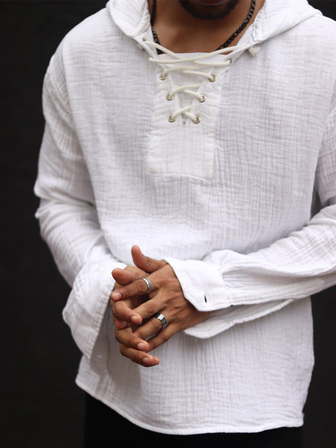 Powerlook Textured Hooded Tie-Ups Detail Indian Slim Oversize Pure Cotton Casual Shirt
