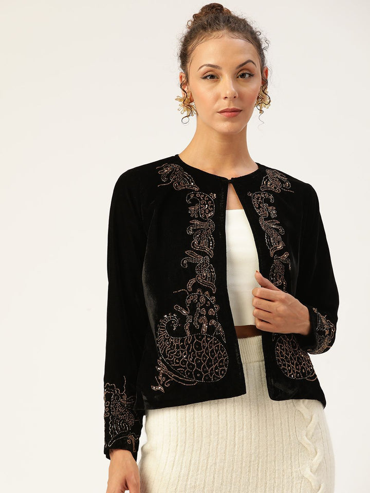 Antheaa Women Black Embroidered Velvet Finish Open Front Jacket