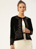 Antheaa Women Black Embroidered Velvet Finish Open Front Jacket