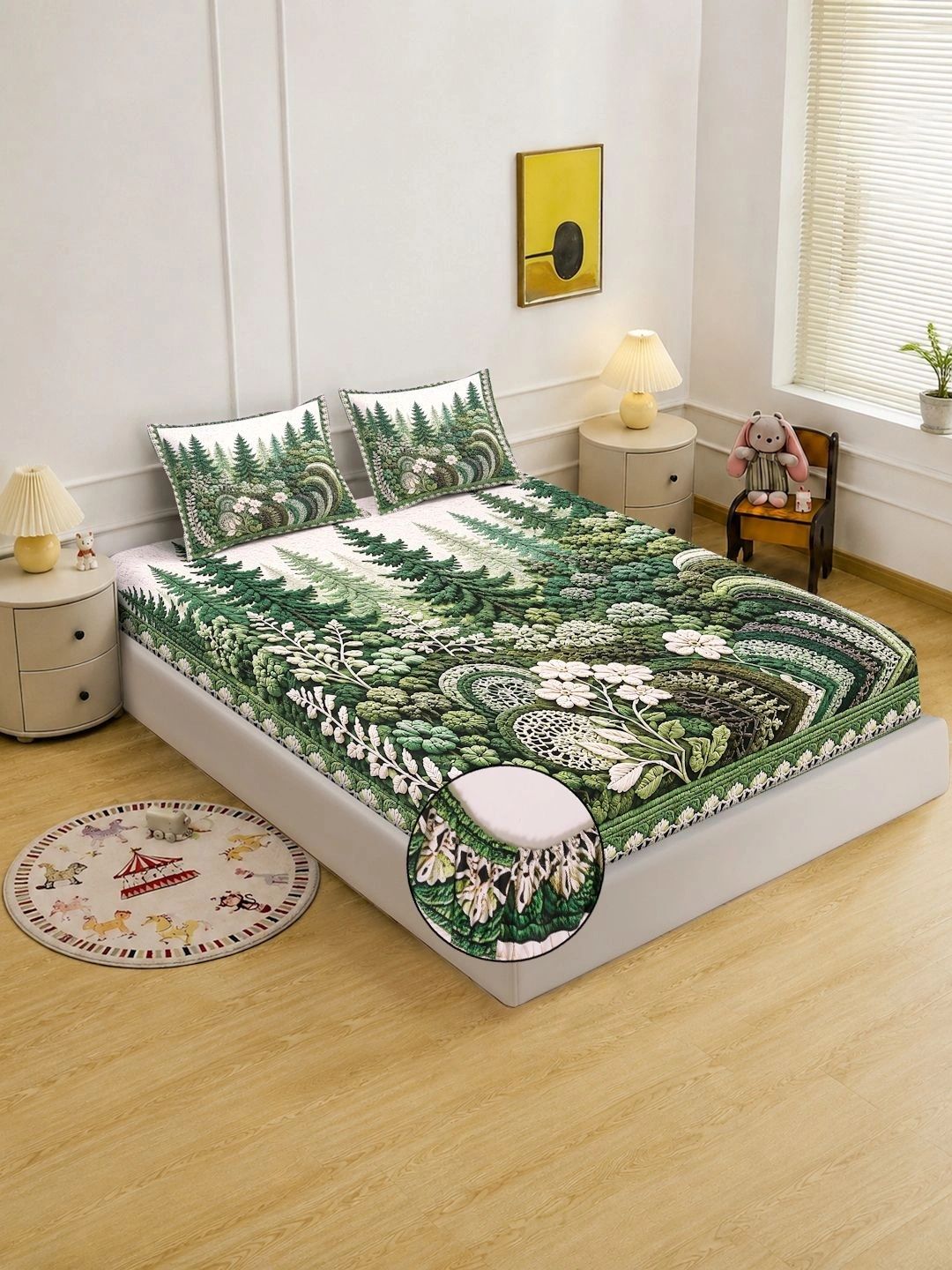 Myntra Elegant Homes Green & White Floral 400 TC Cadar Katil King dengan 2 Sarung Bantal