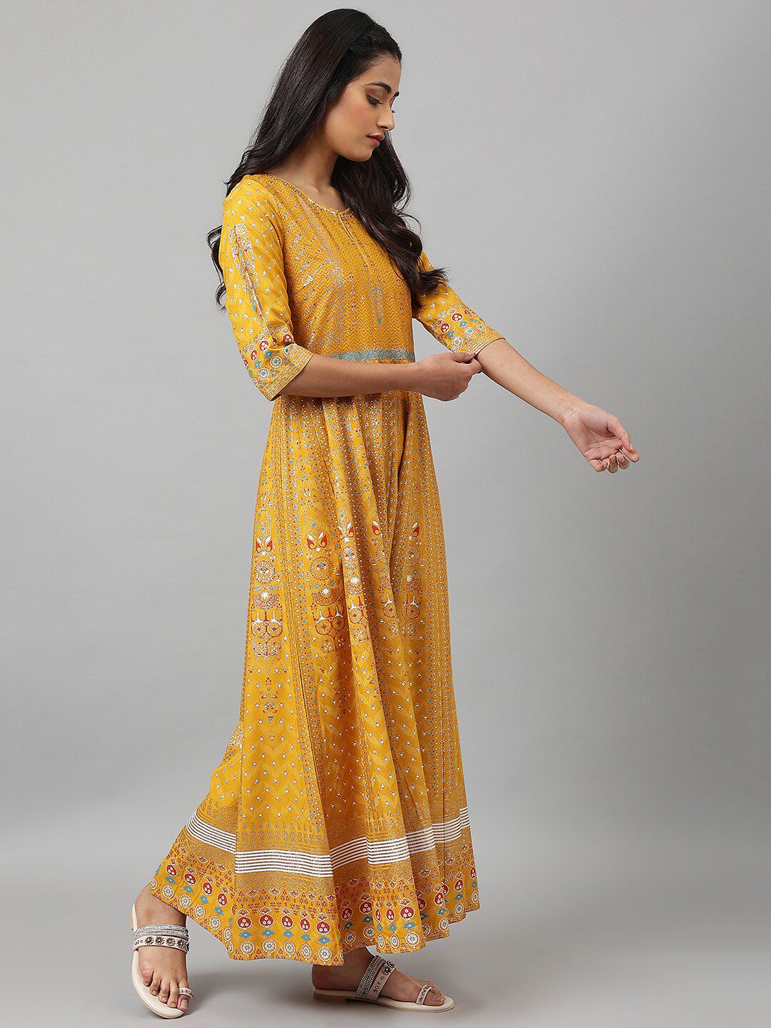 W Yellow Ethnic Motifs Keyhole Neck Ethnic Maxi Dress
