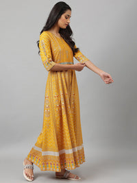 W Yellow Ethnic Motifs Keyhole Neck Ethnic Maxi Dress