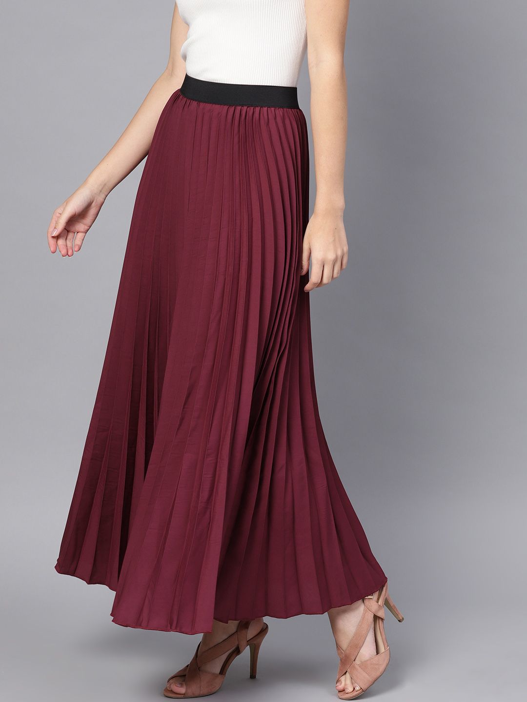 SASSAFRAS Burgundy Accordian Pleat Maxi Flared Skirt