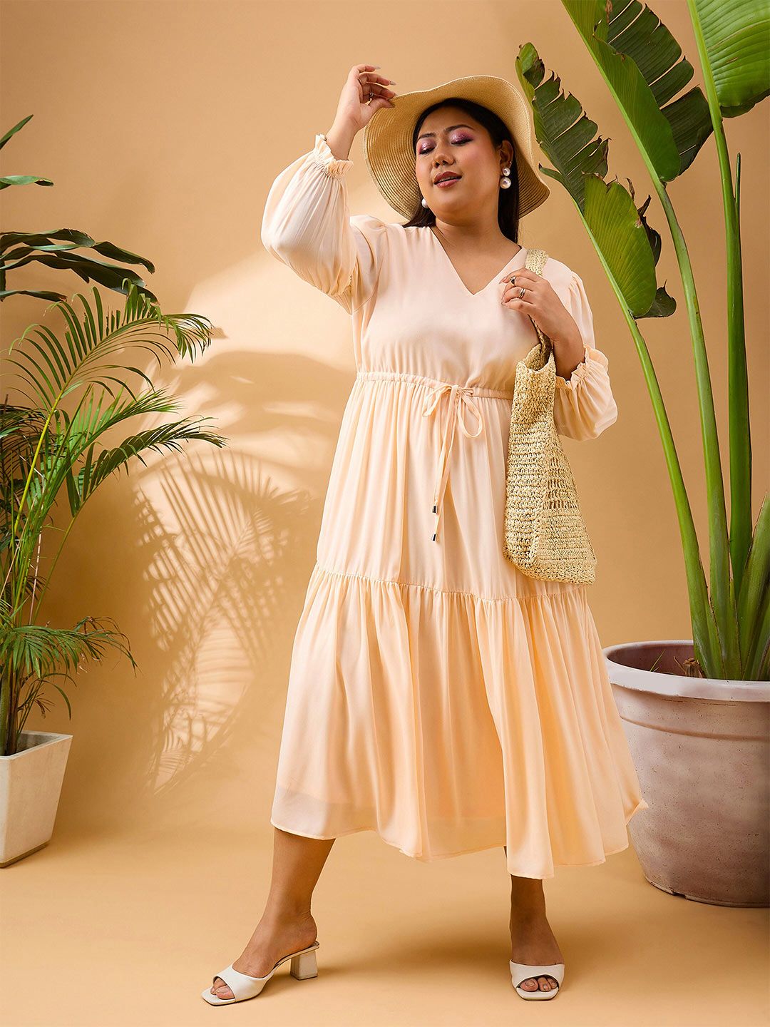 SASSAFRAS Curve Plus Size V-Neck Puff Sleeves Georgette Fit & Flare Tiered Midi Dress