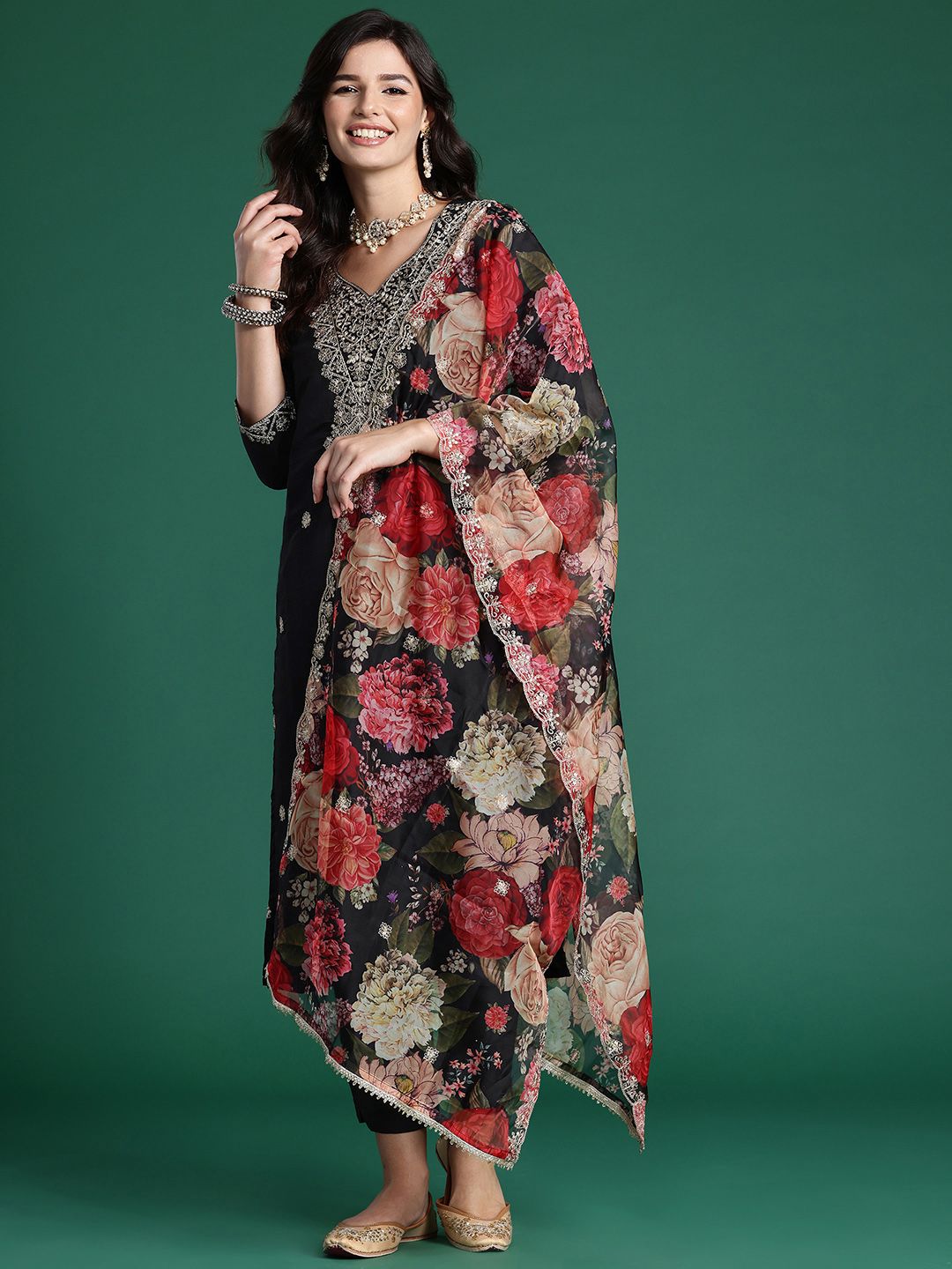 Indo Era Ethnic Motifs Embroidered Sequinned Kurta With Trousers & Dupatta