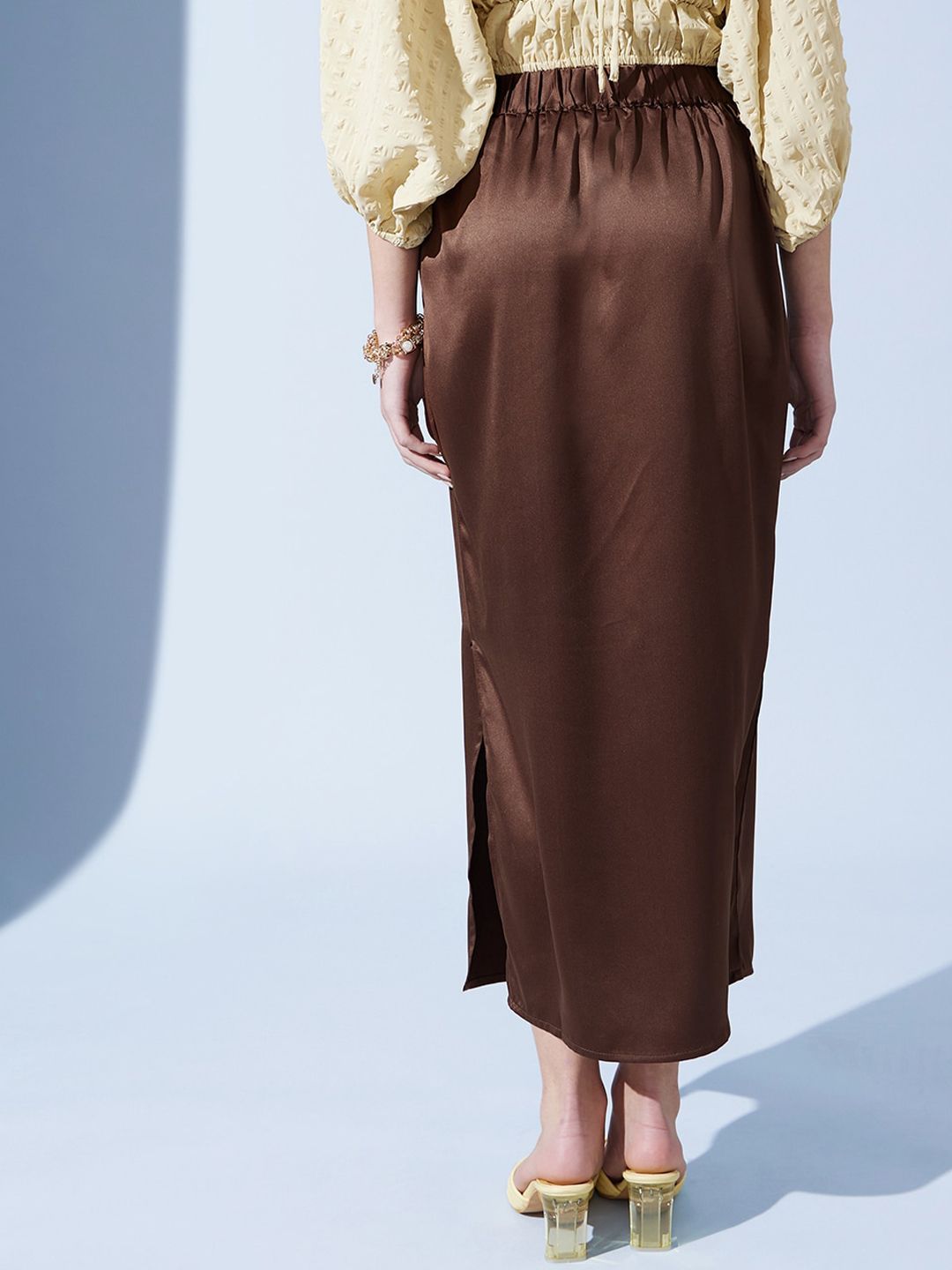 STREET 9 Brown Satin Pencil Midi Skirt
