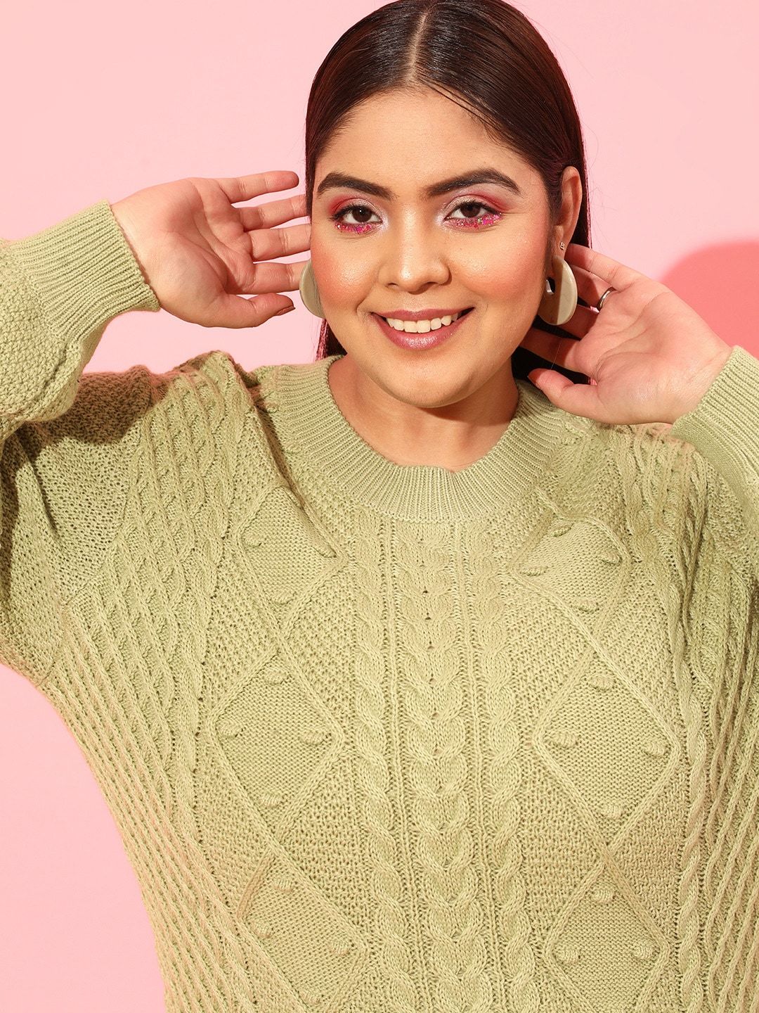 CURVY STREET Plus Size Women Green Cable Knit Acrylic Pullover