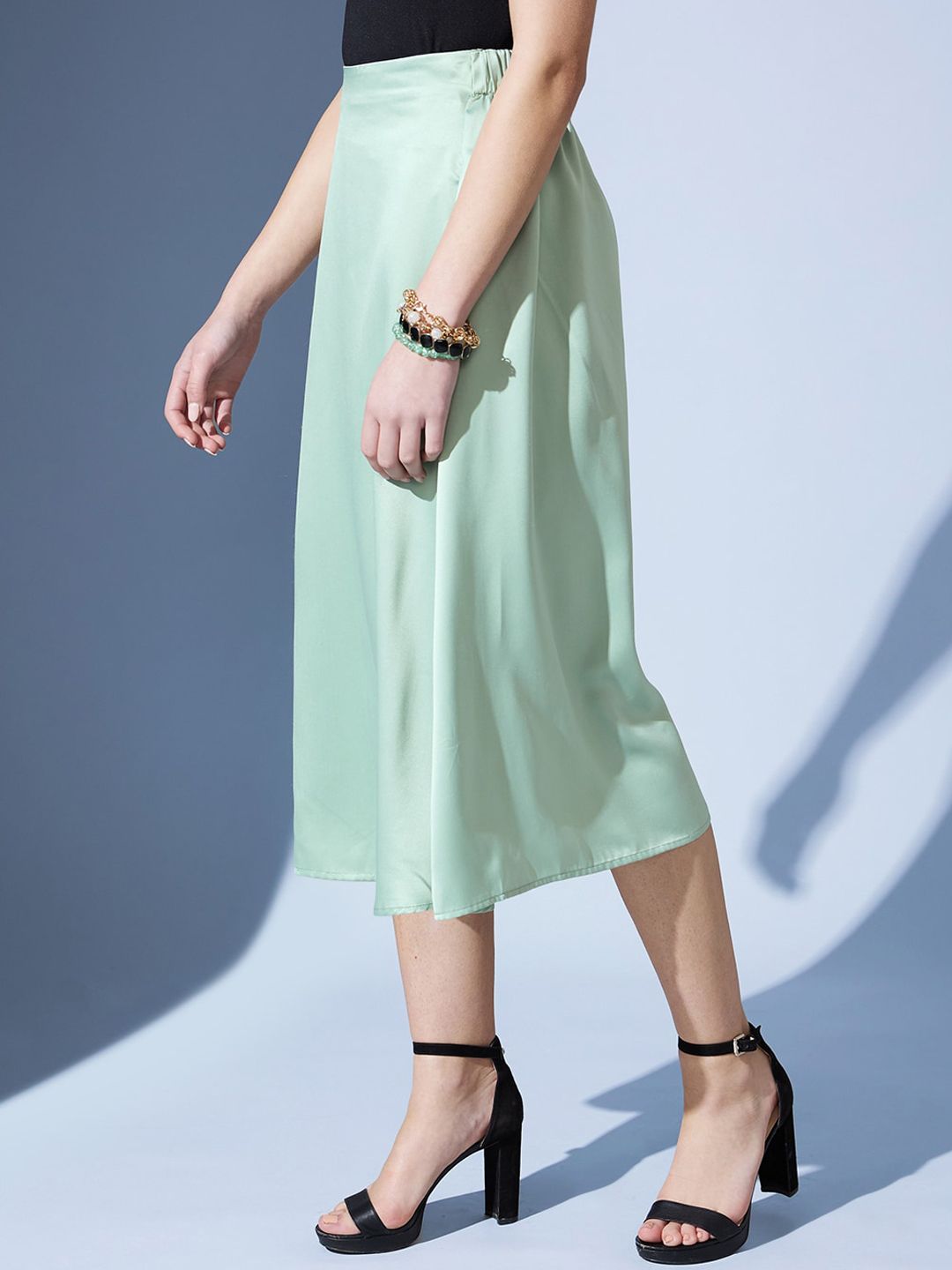 STREET 9 Sea Green Satin A-Line Midi Skirt