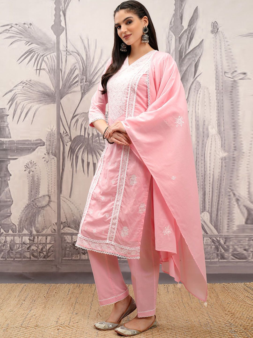 Vishudh Ethnic Motifs Embroidered Thread Work Pure Cotton Kurta with Trousers & Dupatta