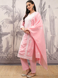 Vishudh Ethnic Motifs Embroidered Thread Work Pure Cotton Kurta with Trousers & Dupatta