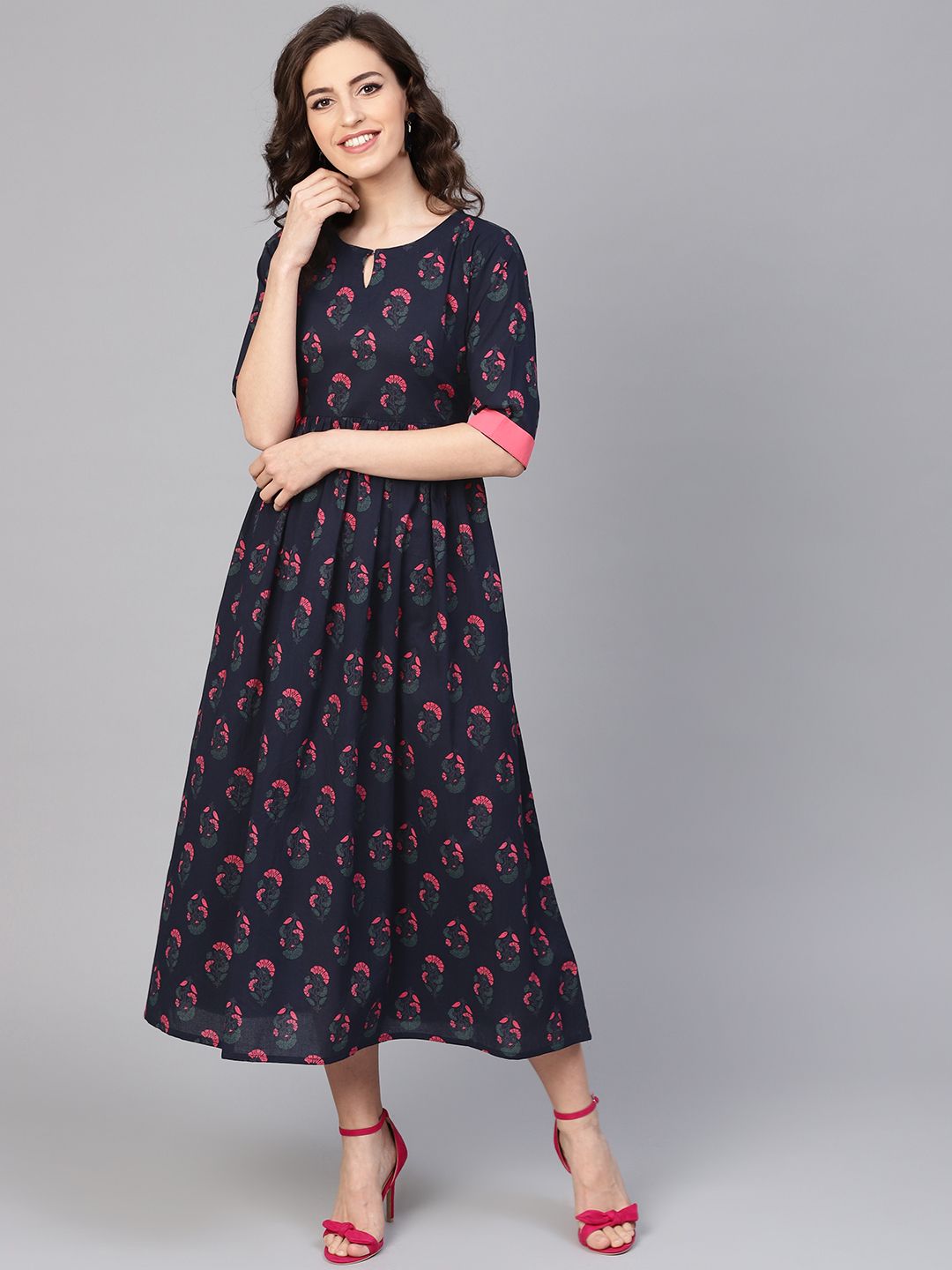 Gerua By Libas Women Navy Blue  Pink Printed Midi A-Line Dress