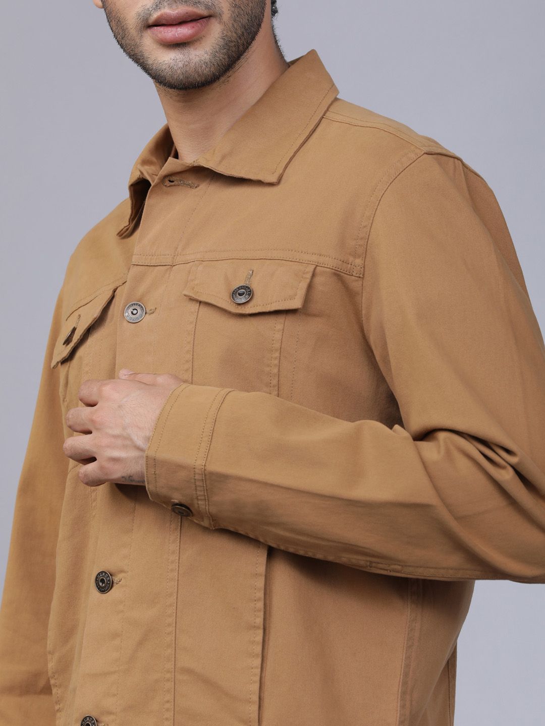 HIGHLANDER Men Beige Solid Denim Jacket