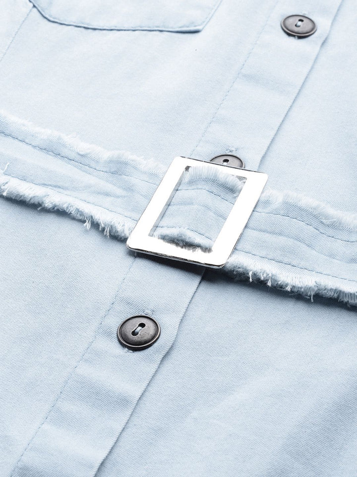 SASSAFRAS Serene Blue Solid Frayed Denim Dress