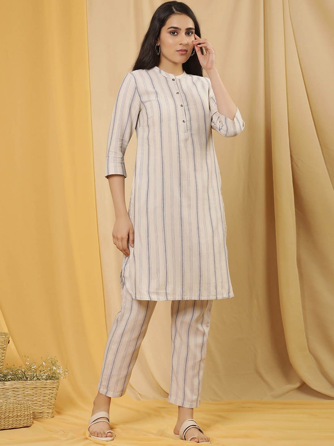 W Women Striped Straight Kurta with Trousers