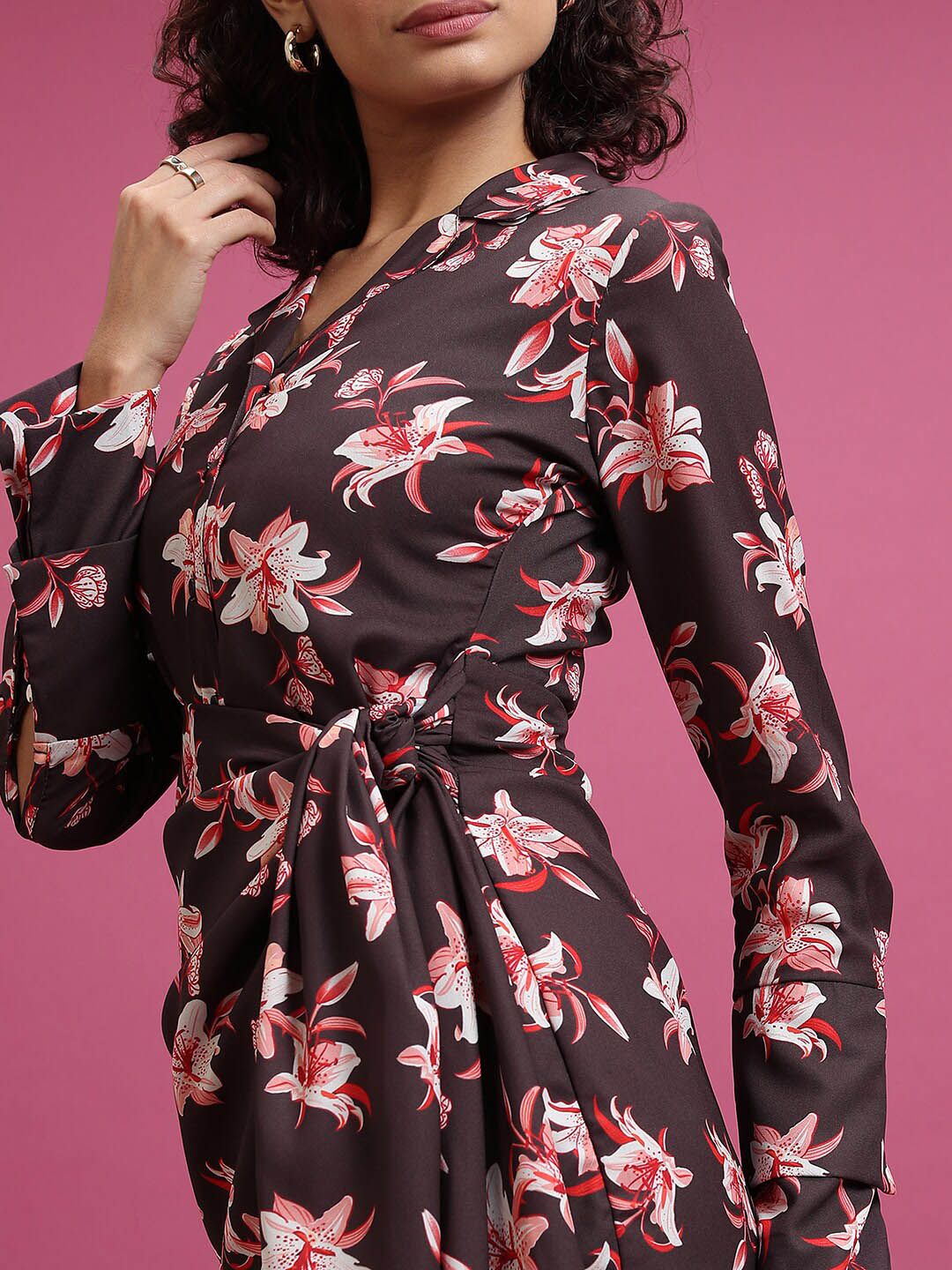 Tokyo Talkies Maroon Floral Printed Shirt Collar Tie-Ups Fit & Flare Dress