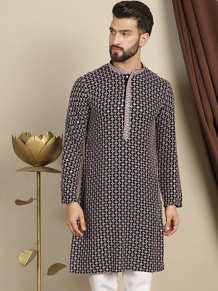Anouk Geometric Printed Mandarin Collar Long Sleeves Thread Work Kurta