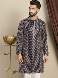 Anouk Geometric Printed Mandarin Collar Long Sleeves Thread Work Kurta