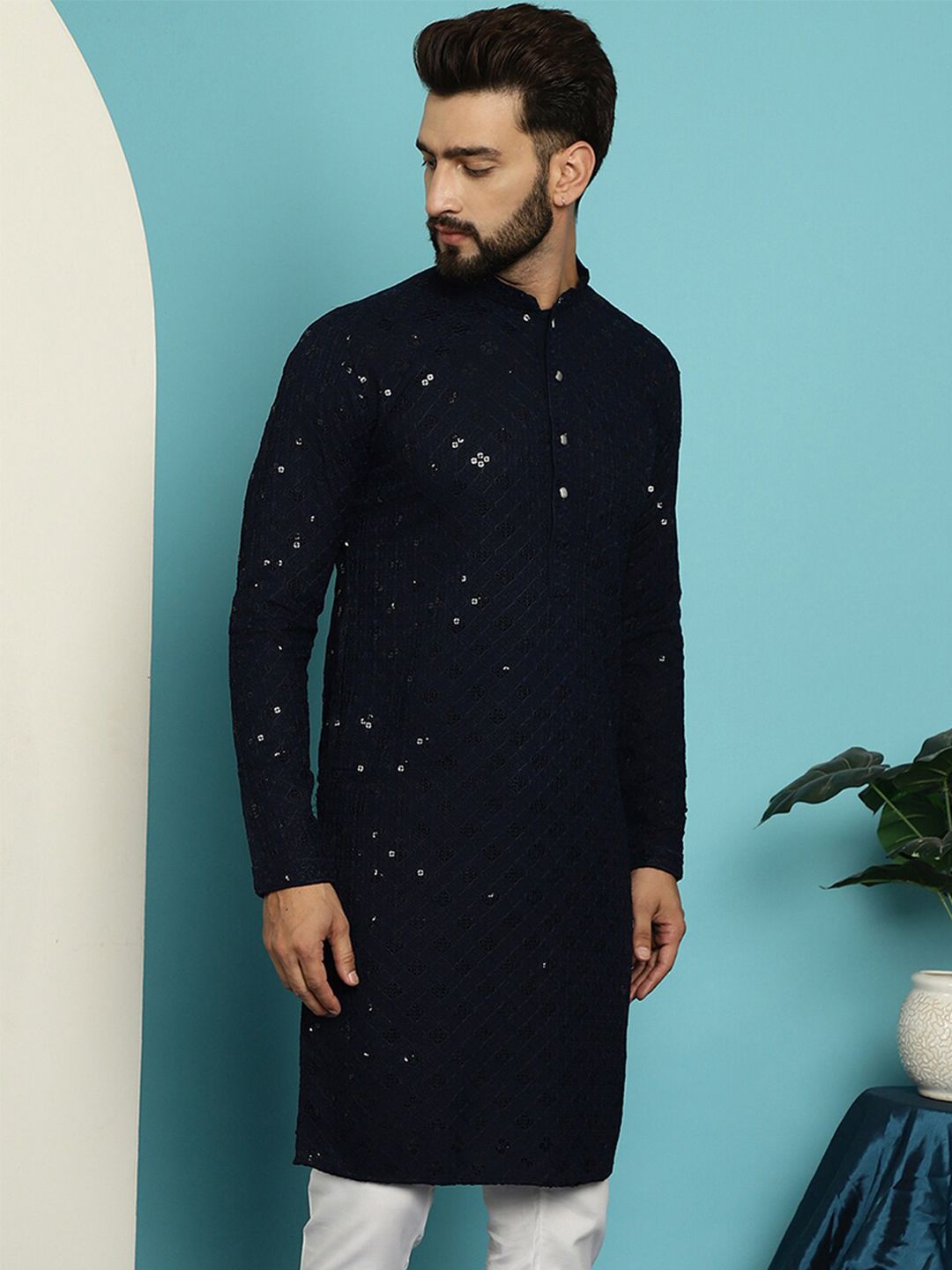 SOJANYA Ethnic Embroidered Sequined Pure Cotton Straight Kurta