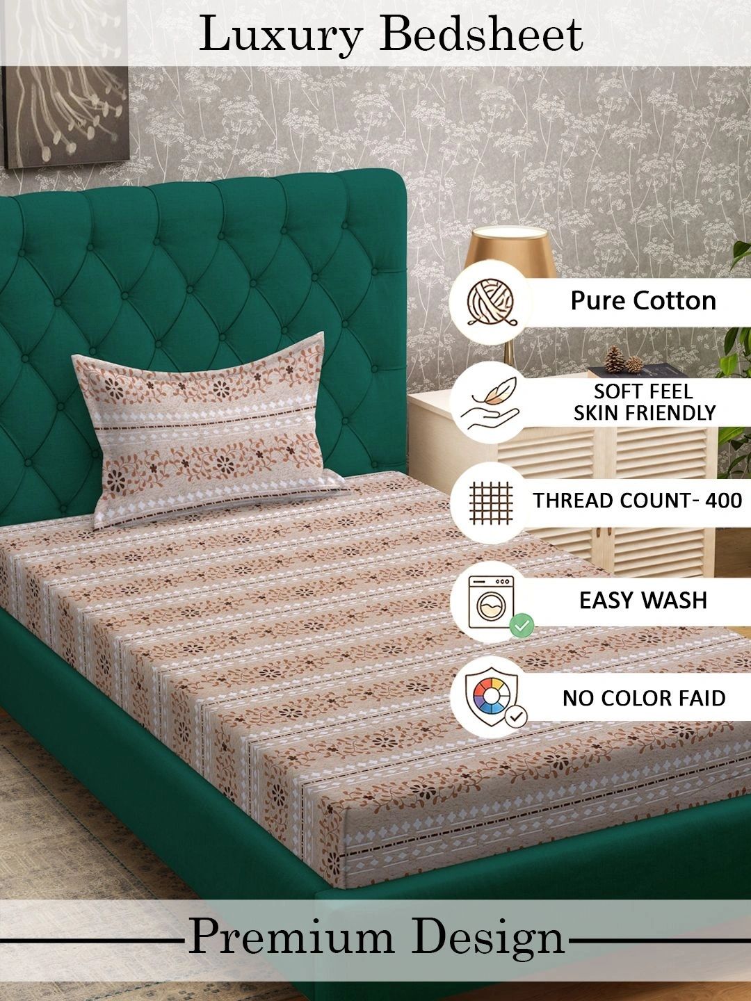 Myntra Elegant Homes Beige Floral 400 TC Single Bedsheet with 1 Pillow Covers
