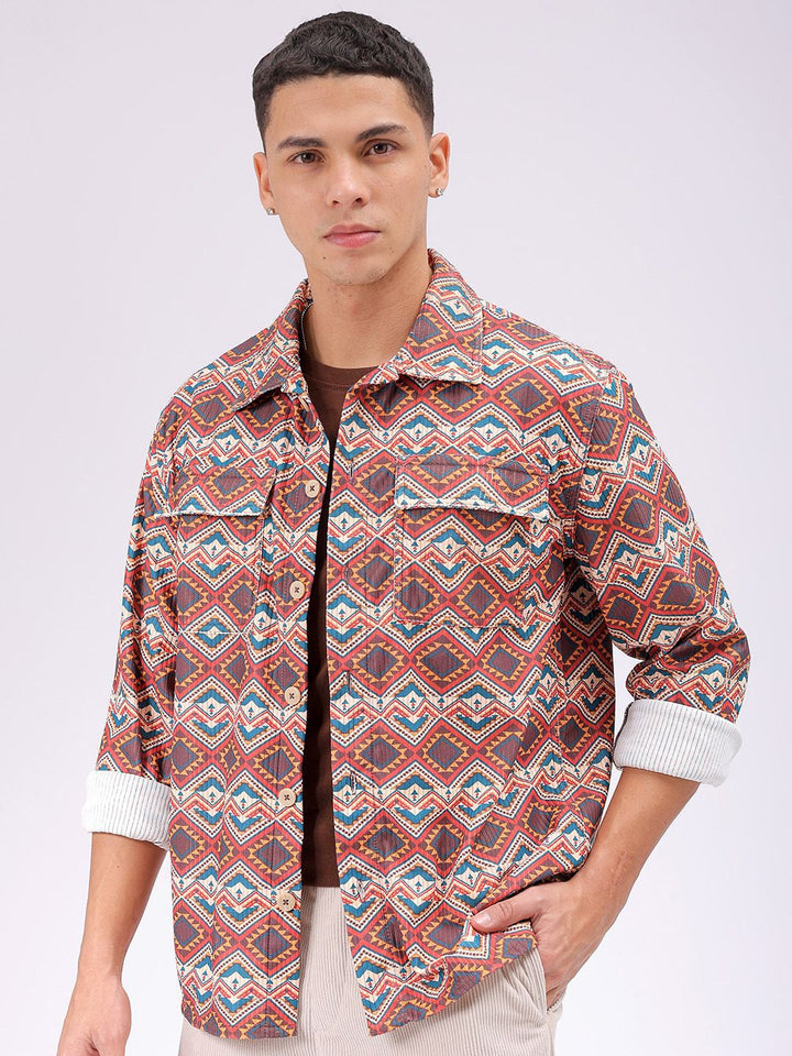 The Indian Garage Co Men Spread Collar Geometric Printed Casual Shirt