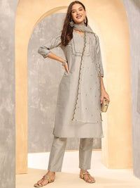 Anouk Grey Floral Embroidered Sequinned Straight Kurta With Trousers & Dupatta