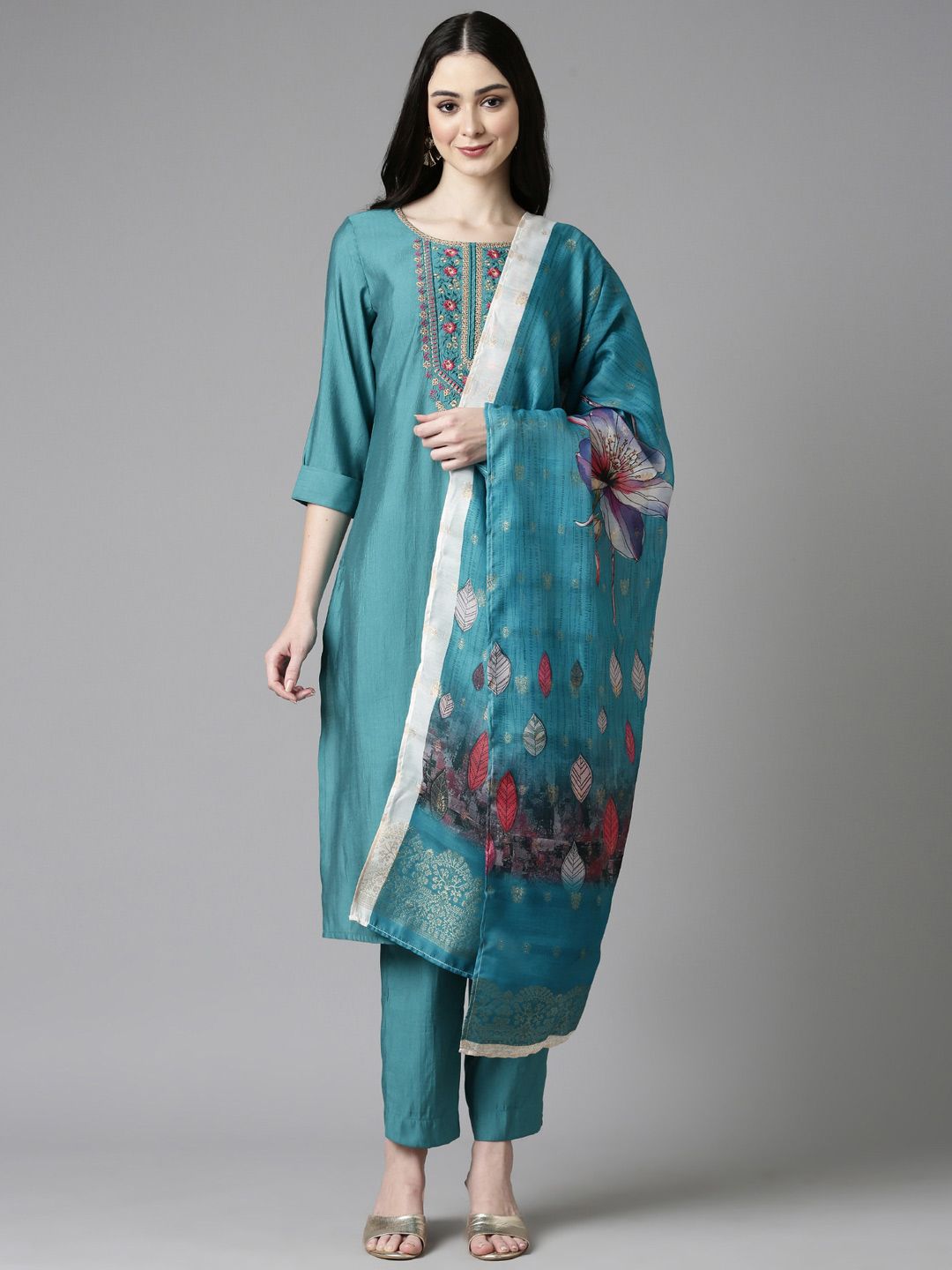Anouk Sea Green Ethnic Motifs Embroidered Straight Kurta With Trousers & Dupatta