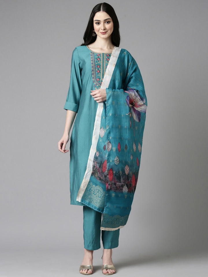 Anouk Sea Green Ethnic Motifs Embroidered Straight Kurta With Trousers & Dupatta
