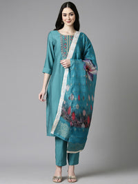 Anouk Sea Green Ethnic Motifs Embroidered Straight Kurta With Trousers & Dupatta