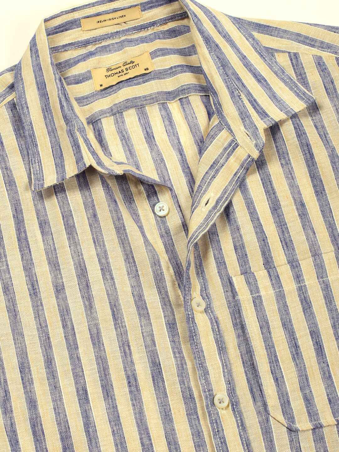 Thomas Scott Men Premium Spread Collar Vertical Striped Linen Slim Fit Casual Shirt