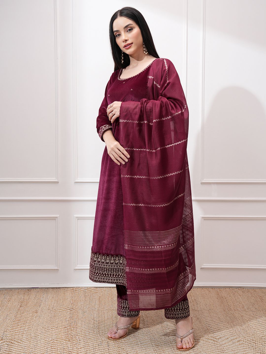 Vishudh Women Ethnic Motifs Embroidered Regular Kurta with Trousers & With Dupatta