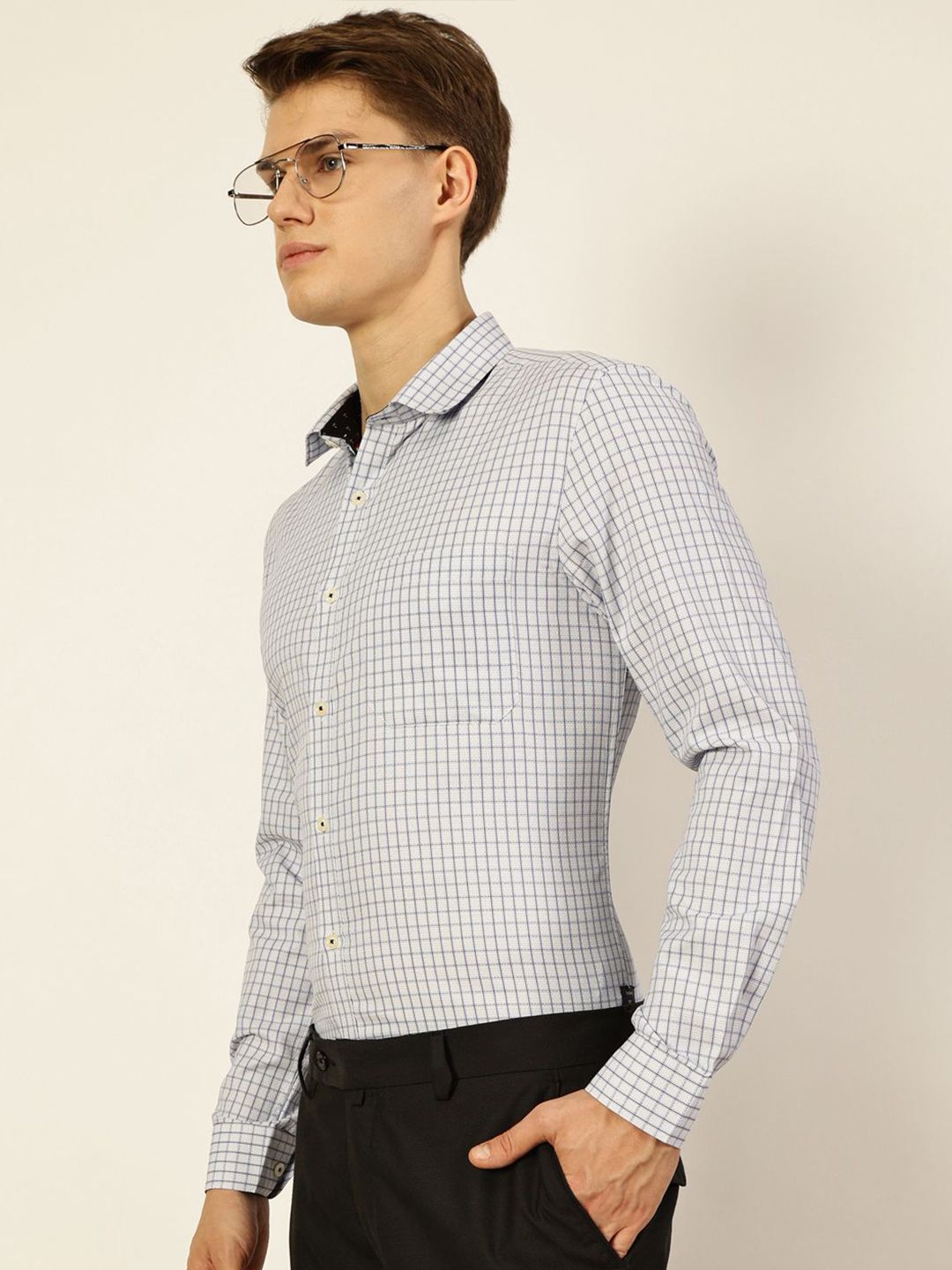 Thomas Scott Men Smart Cutaway Collar Gingham Checked Cotton Formal Shirt