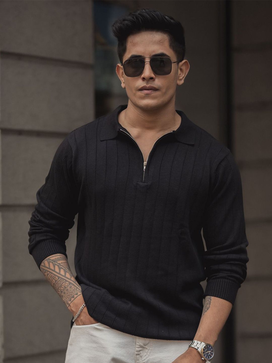 Powerlook Men Self Design Polo Collar Pure Cotton T-shirt