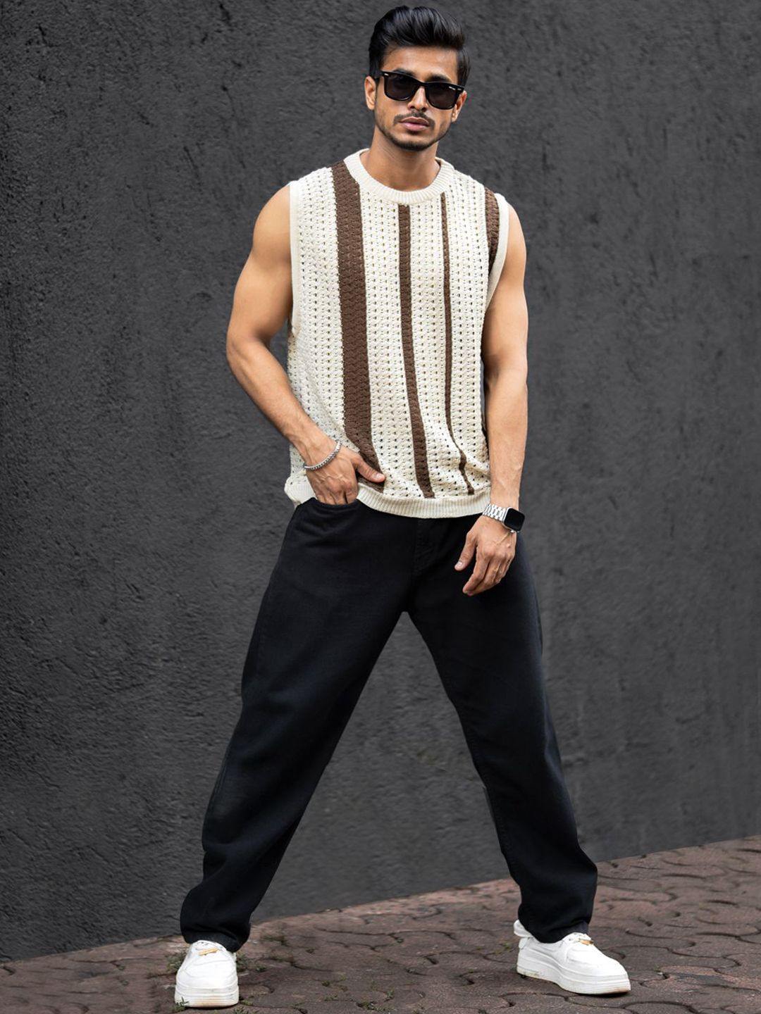 Powerlook Striped Round Neck Sleeveless T-Shirt