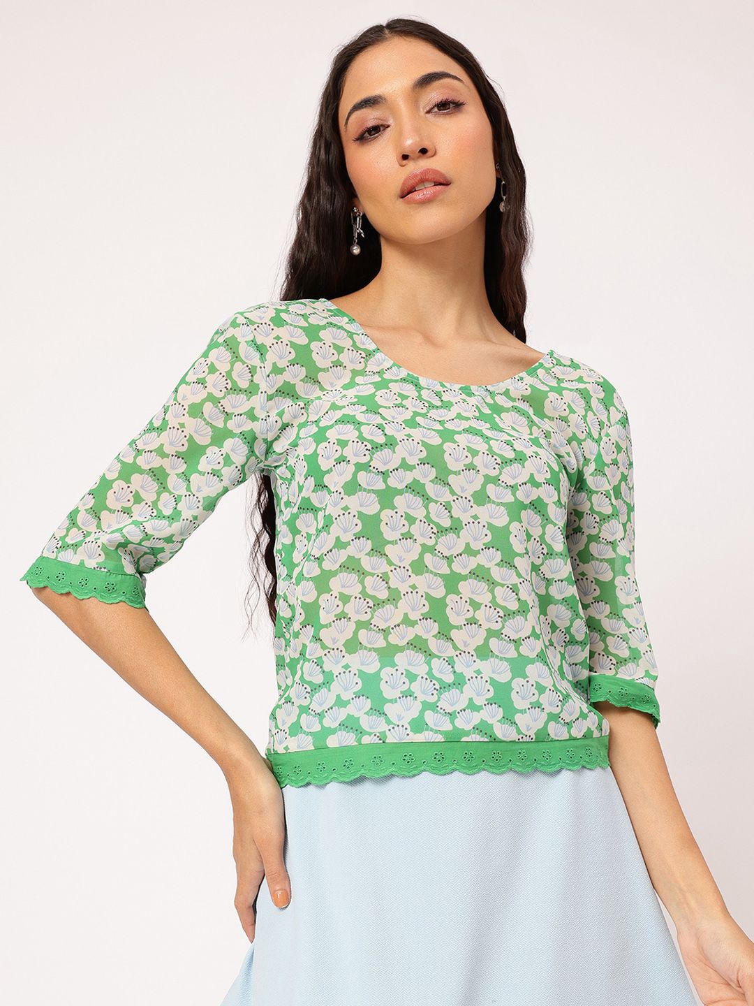 DressBerry Blooming-Bliss Floral Printed Lace-Hem Semi-Sheer Top
