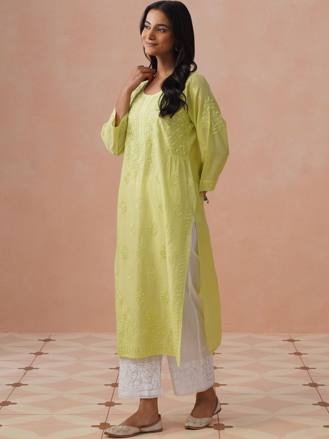 Rumah Wanita Chikankari Motif Etnik Sulam Benang Kerja Kurta