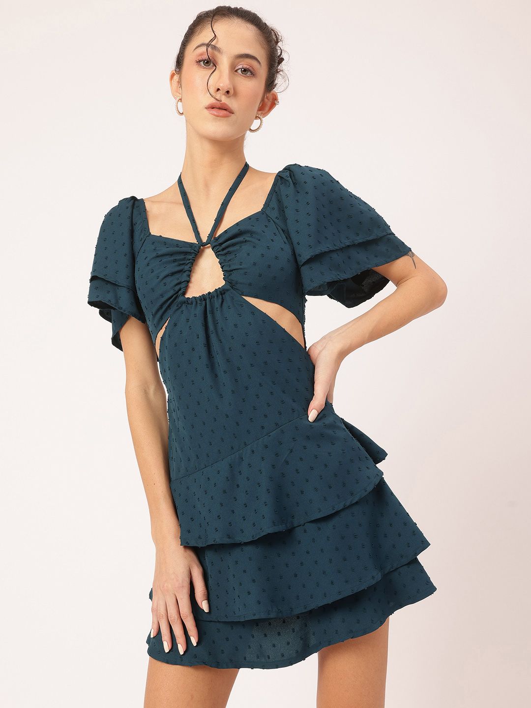 DressBerry Flirty & Fabulous Dobby Cut-Out Tie-Up Sweetheart Neck Layered Mini Dress