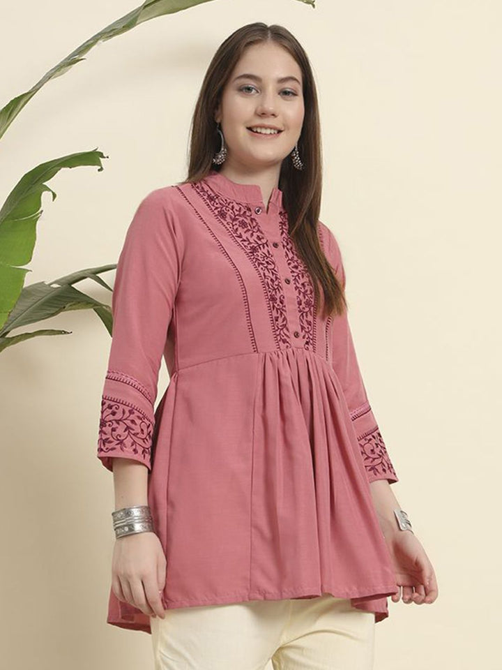 Tunik KALINI Wanita Viskos Rayon Leher Mandarin Bersulam